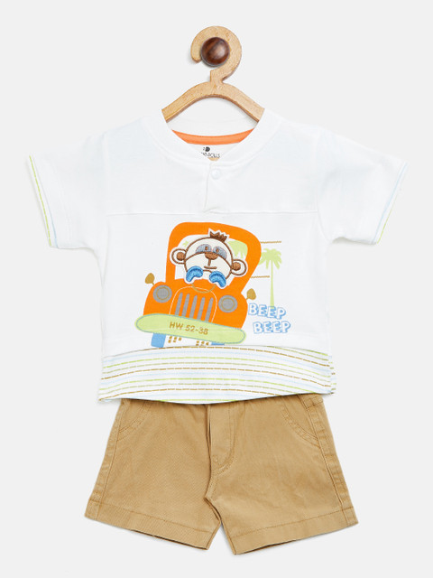 

BRATS AND DOLLS Unisex White & Brown Printed T-shirt with Shorts