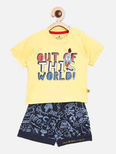 

BRATS AND DOLLS Unisex Yellow & Navy Blue Printed T-shirt with Shorts