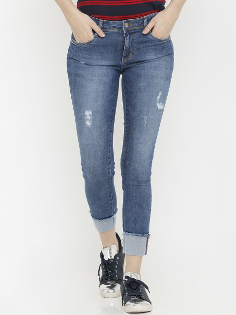 

Kraus Jeans Women K4050 Blue Skinny Fit Mid-Rise Low Distress Jeans