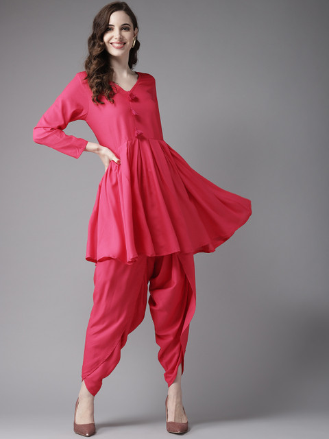 

HERE&NOW Hot Pink Peplum Dhoti Kurta Set with Tassels