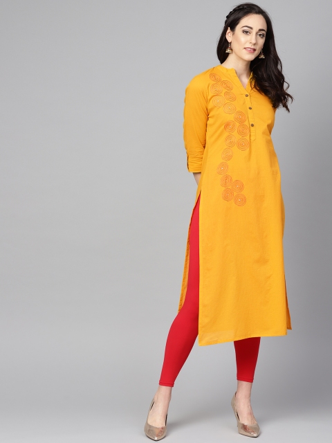 

Varanga Women Mustard Yellow Embroidered Straight Kurta