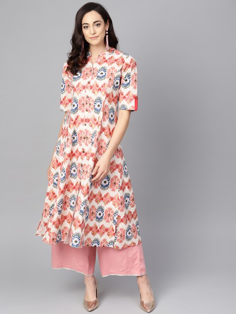 

Varanga Women Off-White & Pink Printed A-Line Kurta