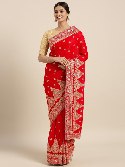 

Triveni Women Red Embellished & Embroidered Poly Georgette Embellished Saree