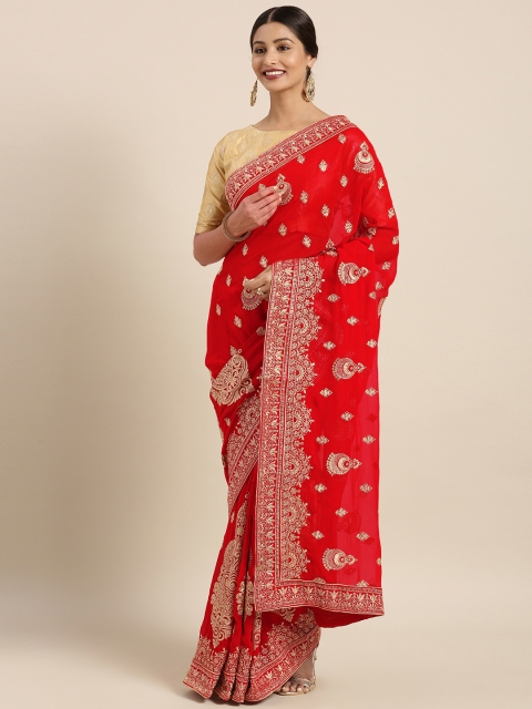 

Triveni Red & Gold-Toned Poly Georgette Embroidered Saree