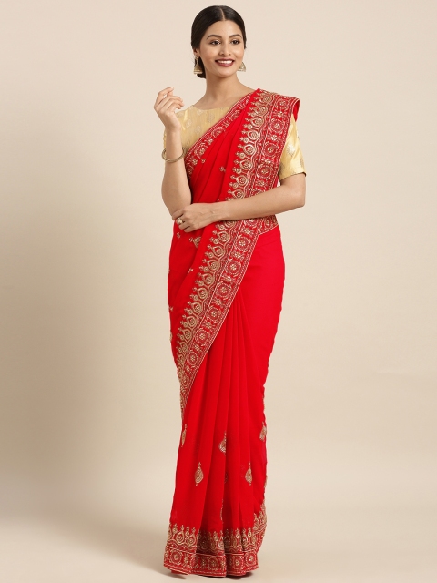 

Triveni Women Red Embellished & Embroidered Poly Georgette Saree