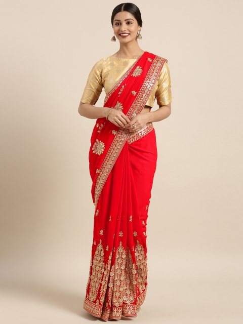 

Triveni Women Red Embroidered Poly Georgette Saree