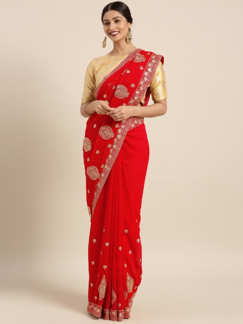 

Triveni Red & Gold-Toned Poly Georgette Embroidered Saree