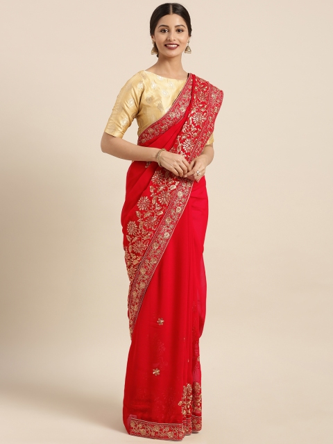 

Triveni Red Embroidered Poly Georgette Saree