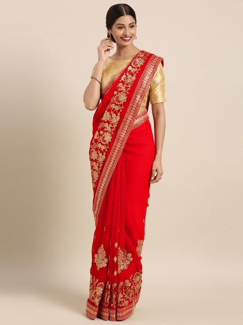 

Triveni Women Red Embroidered Poly Georgette Saree