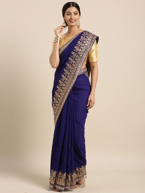 

Triveni Blue & Gold-Toned Embroidered Pure Georgette Saree