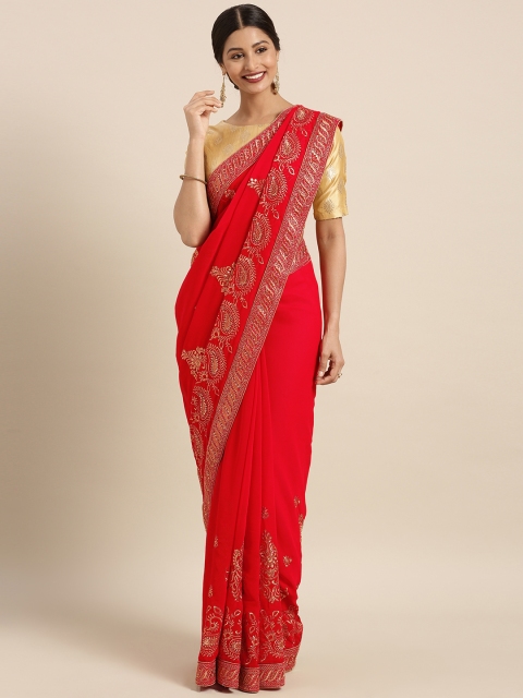 

Triveni Red & Gold-Toned Poly Georgette Embroidered Saree