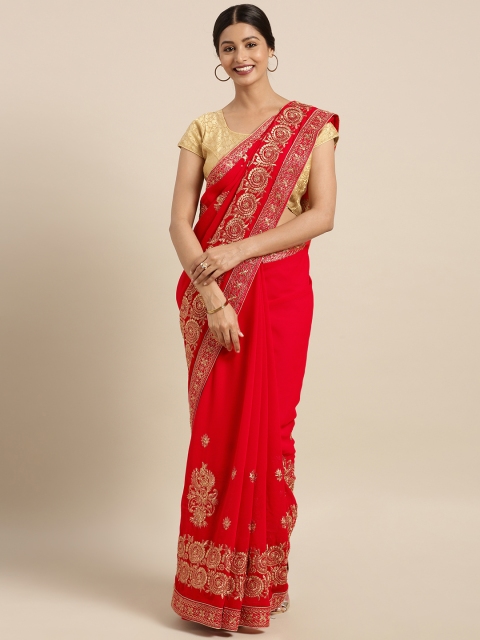 

Triveni Red Embroidered Poly Georgette Saree