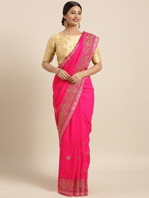 

Triveni Pink & Gold-Toned Pure Georgette Embroidered Saree