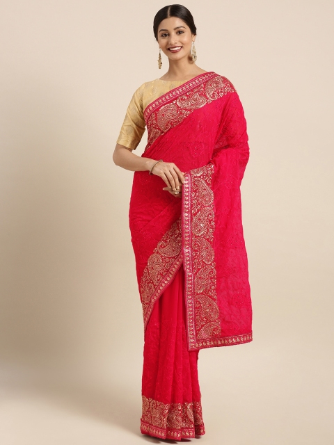 

Triveni Women Pink Embellished Pure Georgette Saree