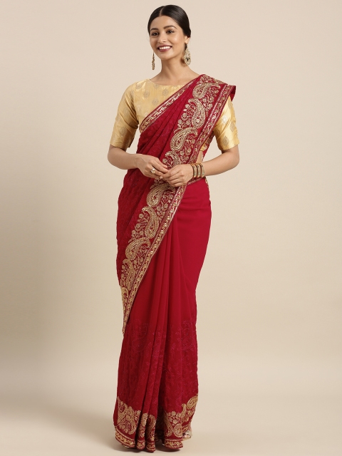 

Triveni Maroon Embroidered Pure Georgette Saree