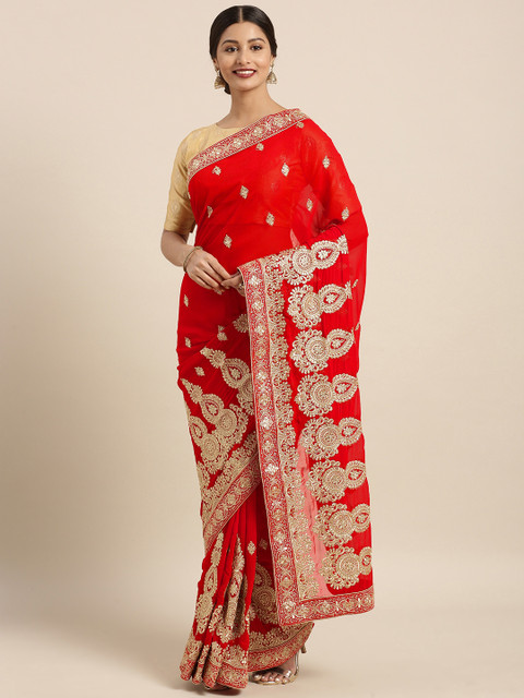 

Triveni Women Red Embroidered Poly Georgette Saree