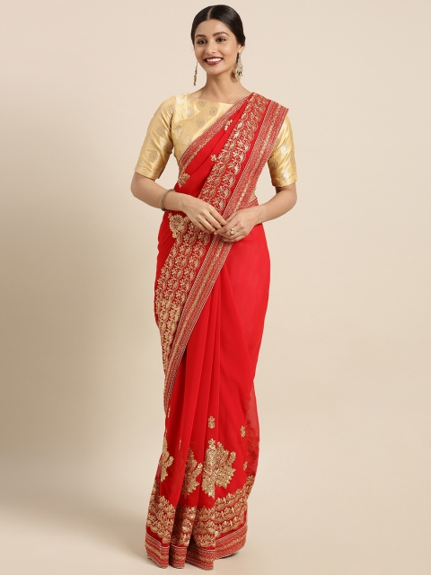 

Triveni Red Embroidered Poly Georgette Saree
