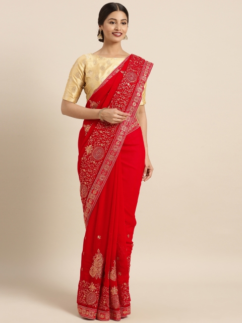 

Triveni Red Embellished & Embroidered Poly Georgette Saree