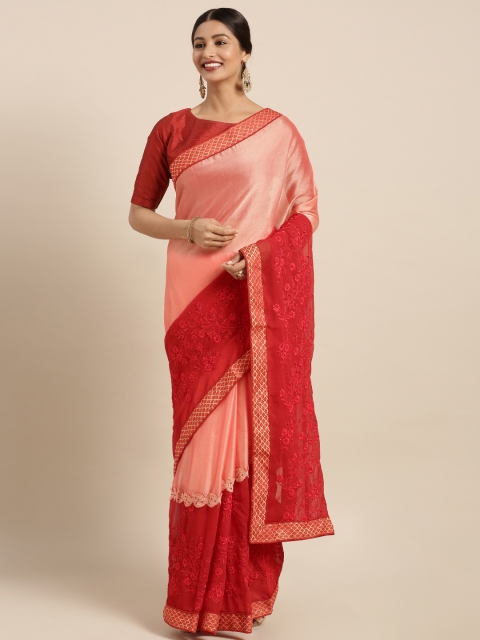 

Triveni Red Embroidered Poly Georgette Saree