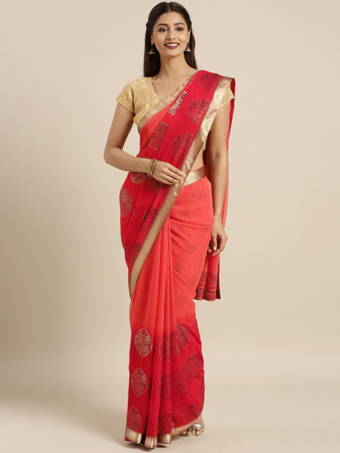 

Triveni Orange Printed Poly Georgette Saree