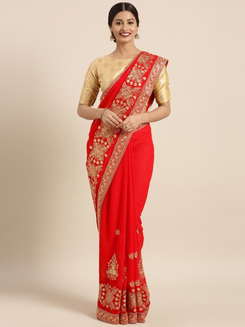 

Triveni Women Red Embroidered Poly Georgette Saree