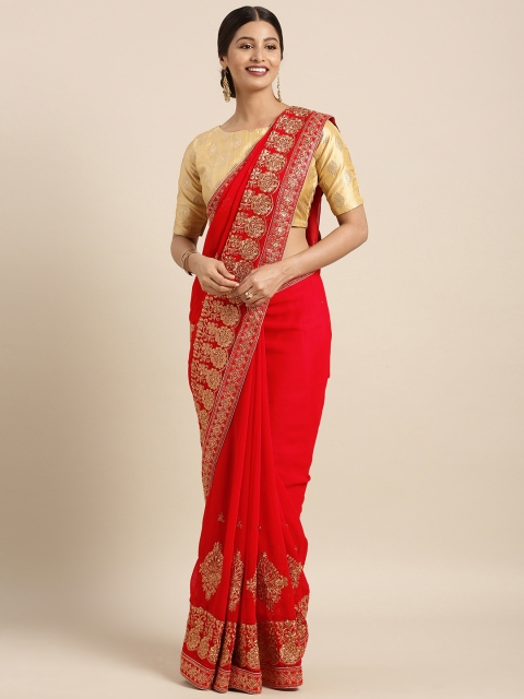 

Triveni Red & Gold-Toned Embroidered Poly Georgette Saree