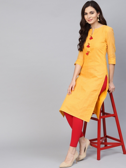 

Inddus Women Yellow Checked Straight Kurta