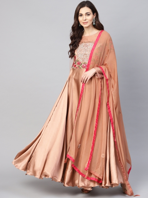 

Inddus Women Brown Floral Yoke Design Anarkali Kurta with Dupatta