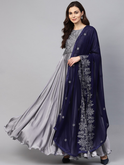 

Inddus Women Grey & Navy Blue Yoke Design Anarkali Kurta with Dupatta
