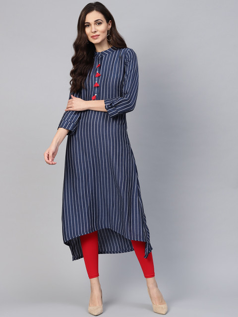 

Inddus Women Navy Blue & White Striped A-Line Kurta