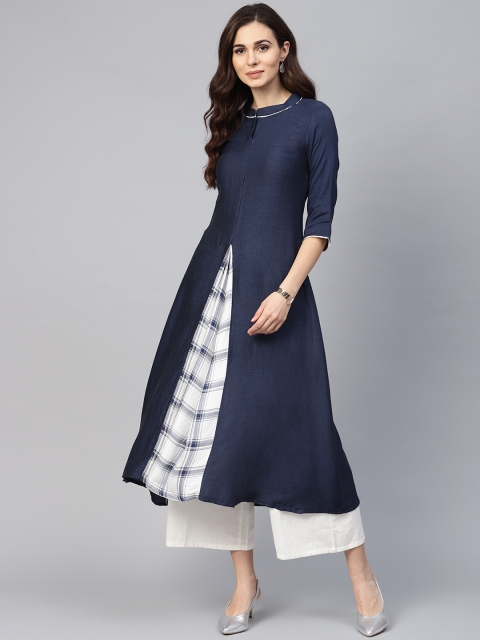 

Inddus Women Navy Blue & White Solid A-Line Kurta