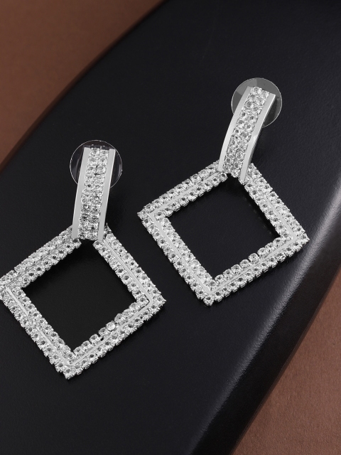 

Jewels Galaxy Silver-Plated Stone-Studded Geometric Drop Earrings