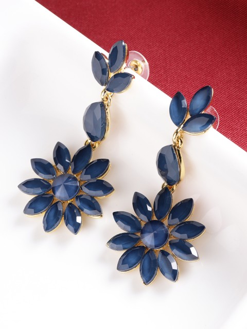 

Jewels Galaxy Navy Blue Gold-Plated Stone-Studded Floral Drop Earrings