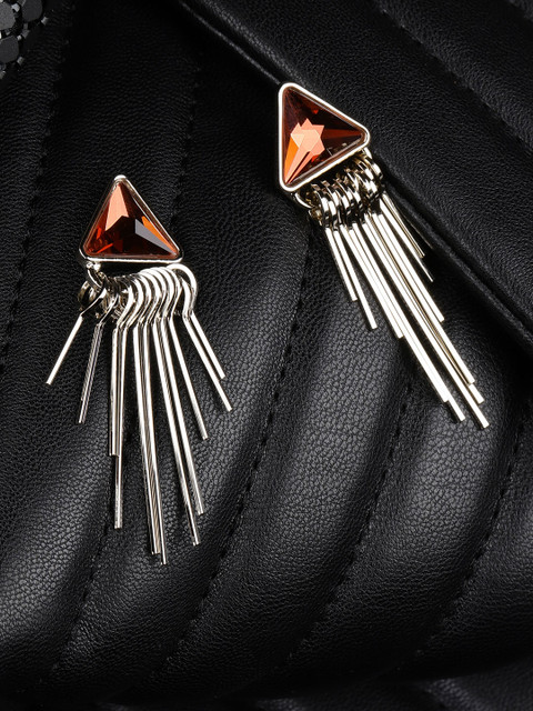 

Jewels Galaxy Red & Silver-Toned Copper-Plated Stone-Studded Triangular Drop Earrings