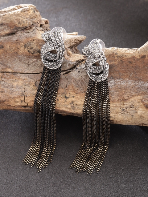 

Jewels Galaxy Black Gold-Plated Stone-Studded Tasselled Contemporary Drop Earrings