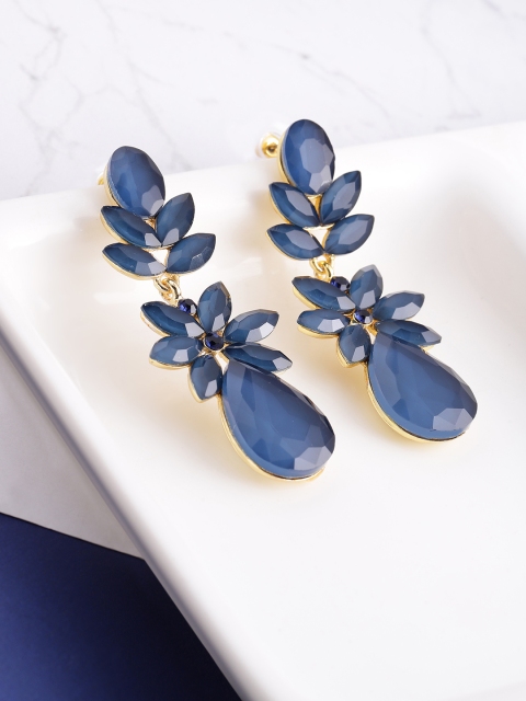 

Jewels Galaxy Navy Blue Gold-Plated Stone-Studded Teardrop Earrings