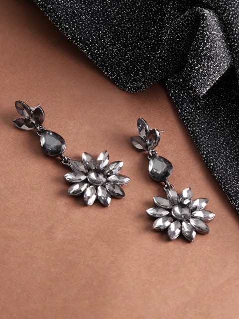 

Jewels Galaxy Black Copper-Plated Stone-Studded Floral Drop Earrings