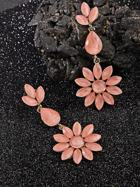 

Jewels Galaxy Women Peach-Coloured Gold-Plated Stone-Studded Floral Drop Earrings