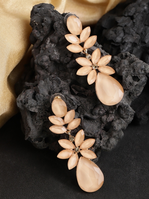 

Jewels Galaxy Beige Gold-Plated Stone-Studded Floral Drop Earrings