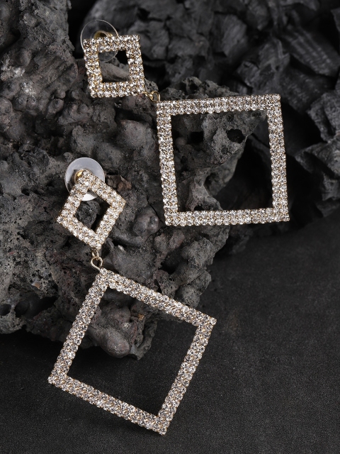 

Jewels Galaxy Gold-Plated Stone-Studded Diamond-Shaped Drop Earrings