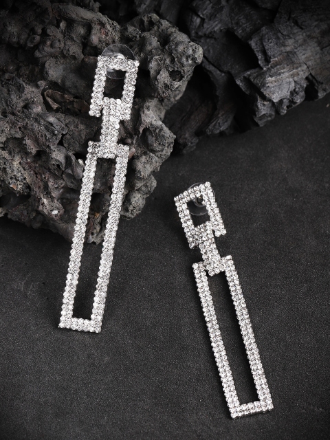 

Jewels Galaxy Silver-Plated Stone-Studded Geometric Drop Earrings