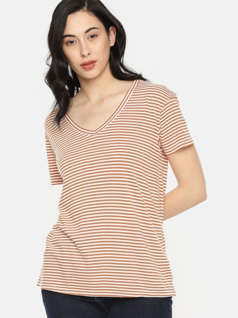 

AMERICAN EAGLE OUTFITTERS Women Brown Off-white Striped V-Neck T-shirt