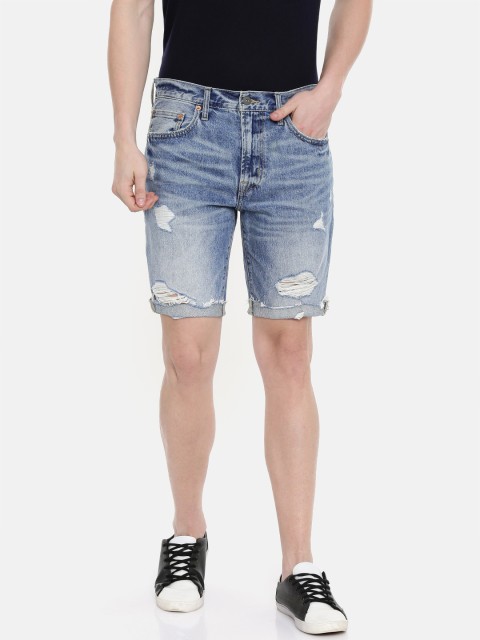

AMERICAN EAGLE OUTFITTERS Men Blue Solid Regular Fit Distressed Denim Shorts