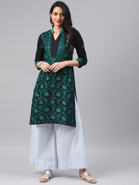 

Saadgi Women Black & Green Chikankari Embroidered Straight Kurta