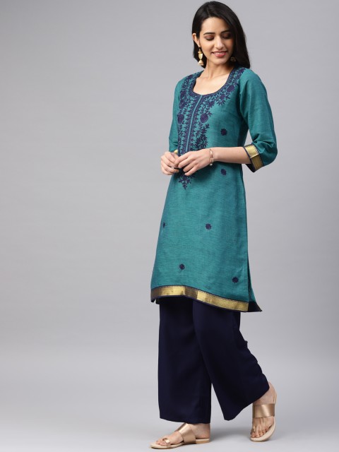 

Saadgi Women Navy Blue & Navy Blue Embroidered Straight Kurta