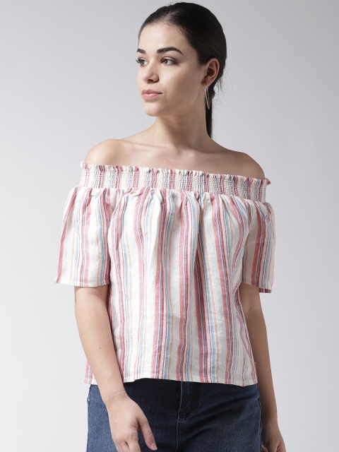

SCOUP Women Off-White & Pink Striped Bardot Top