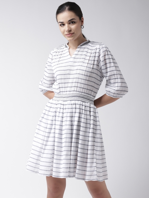 

SCOUP Women White & Navy Blue Striped Fit and Flare Dress