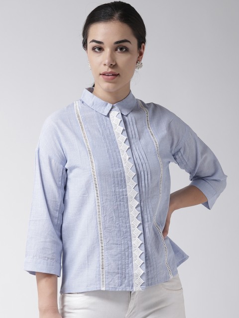 

SCOUP Women Blue Regular Fit Solid Casual Shirt with Lace Inserts