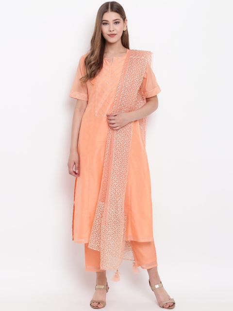 

Shakumbhari Women Peach-Coloured & Yoke Design Kurta with Trousers & Dupatta