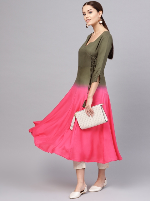 

La Firangi Women Olive Green & Pink Dyed Angrakha A-Line Kurta